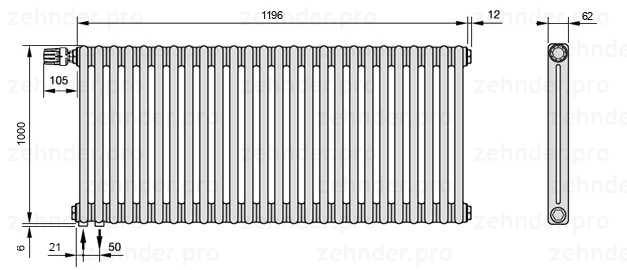 Схема (чертеж) Радиатор Zehnder Charleston 2100/26 №V001 Белый глянцевый RAL 9016